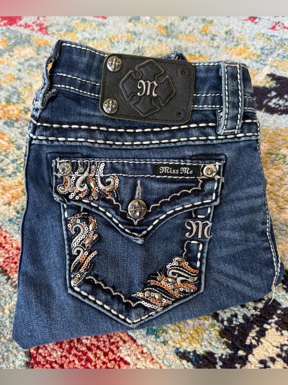 Miss Me Signature Rhinestone Sequin Embroidered Flap Pocket Bootcut Jeans